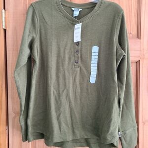 Duluth Trading Co Womens Long Sleeve Thermal Henley in Olive Green
